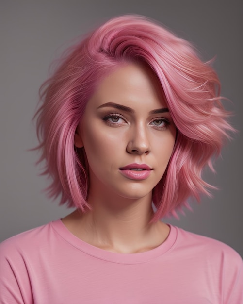 Foto de retrato de hermosa chica modelo sonriendo camiseta rosa cabello