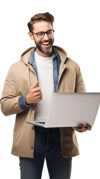 Foto retrato de un hombre feliz y exitoso trabajando en una computadora portátil en ropa informal aislado en blanco