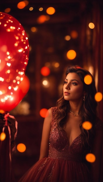 Foto retrato de una joven atractiva mirando corazones de globo