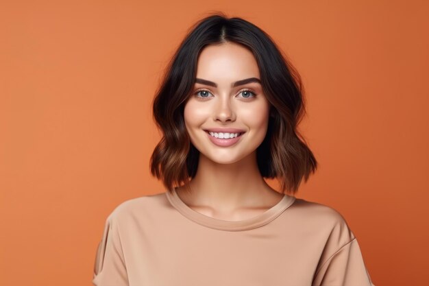 Foto foto de retrato de una joven sonrisa segura de sí misma sobre fondo de color