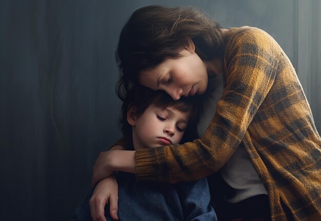 Foto retrato de una madre abrazando a su amado hijo