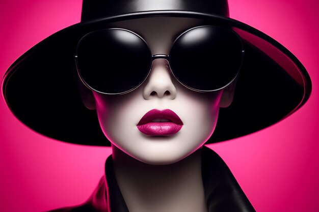 Foto retrato de una modelo de mujer con gafas de sol y sombrero sobre fondo rosa generado por IA