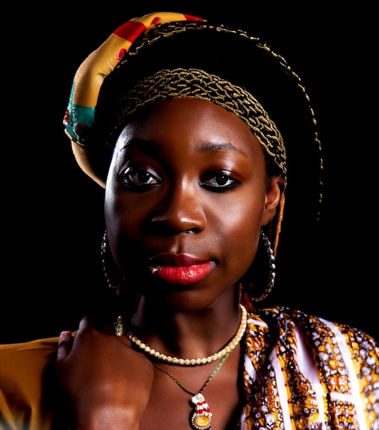 Foto retrato de una mujer africana con accesorios tradicionales y posando sobre fondo negro