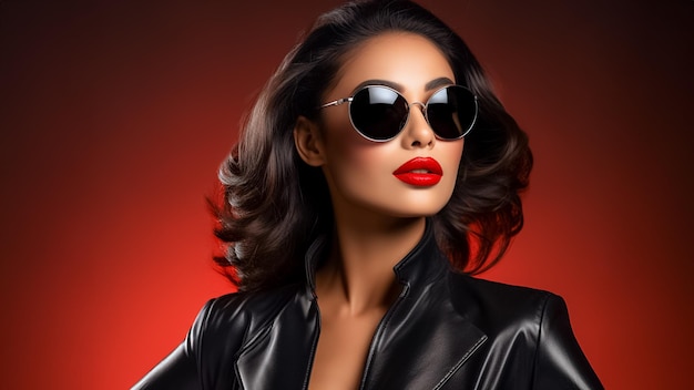 Foto retrato de una mujer genial con gafas de sol y chaqueta negra sobre fondo rojo generada por IA