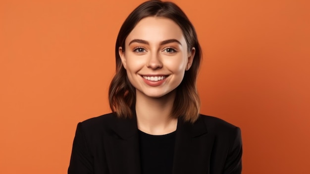 Foto de retrato de mujer joven sonrisa confiada sobre fondo de color