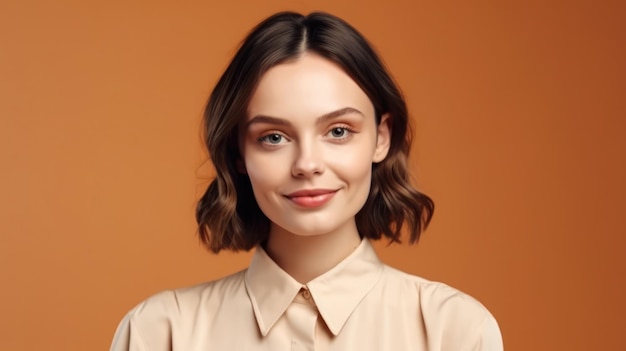 Foto de retrato de mujer joven sonrisa confiada sobre fondo de color