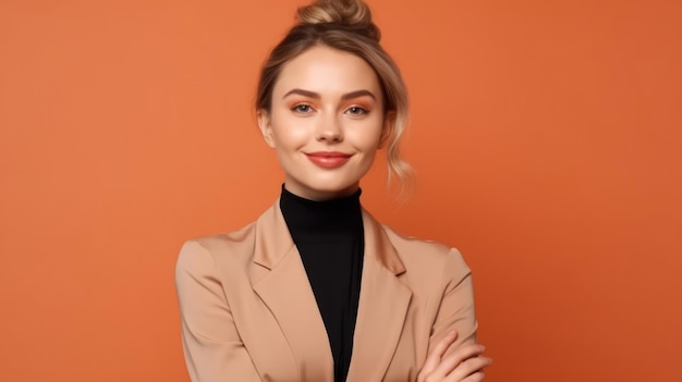 Foto de retrato de mujer joven sonrisa confiada sobre fondo de color