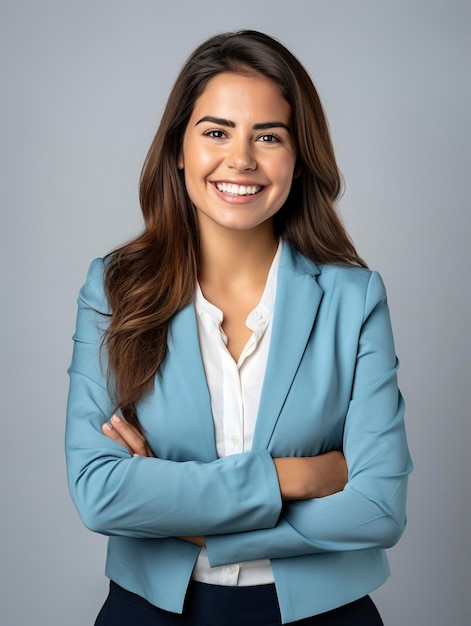Una foto de retrato de una mujer de negocios sonriente realista para el equipo de un sitio web vista por encima de la cintura