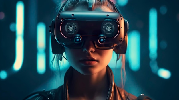 Foto retrato mulher cyberpunk no personagem ciborgue de fundo desfocado isolado usando óculos de realidade virtual generat ai