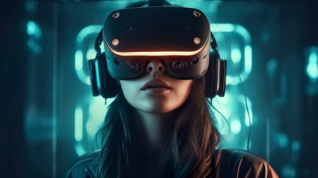 Foto retrato mulher cyberpunk no personagem ciborgue de fundo desfocado isolado usando óculos de realidade virtual generat ai