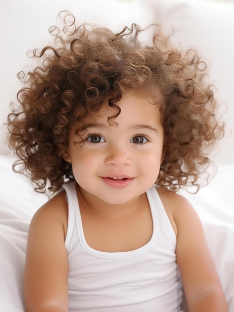 Foto de retrato de una niña colombiana con cabello ondulado sonriendo