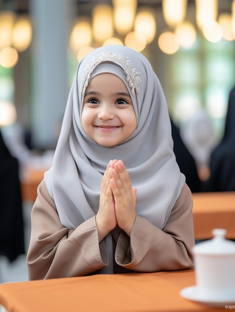 Foto de retrato de una niña emiratí de cabello liso sonriendo