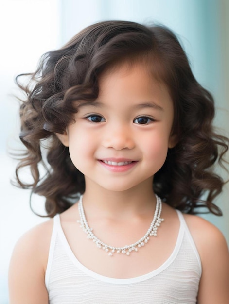 Foto de retrato de una niña japonesa de pelo rizado sonriendo