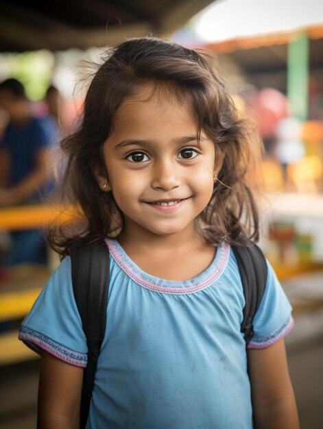 Foto de retrato de una niña malaya de cabello lacio sonriendo