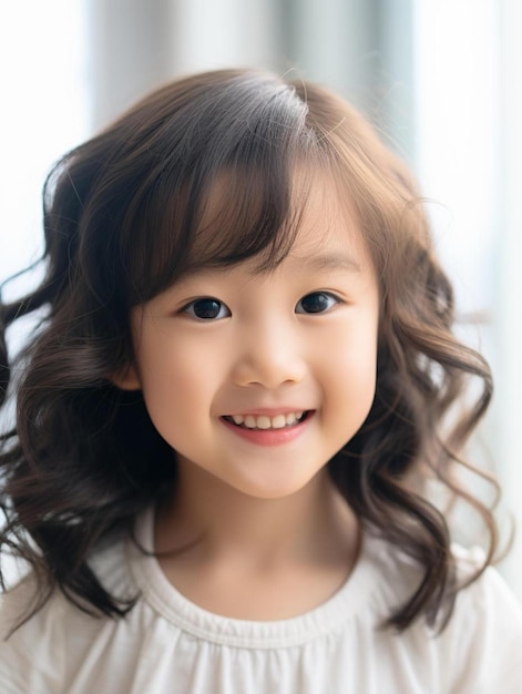 Foto de retrato de una niña de Singapur con cabello ondulado sonriendo