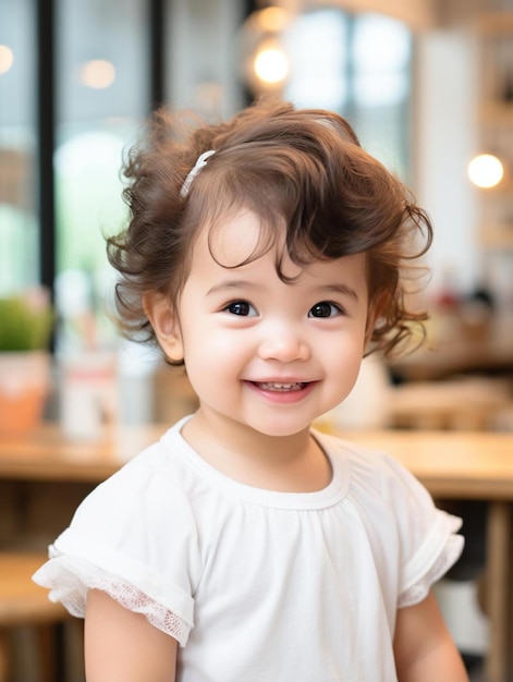 Foto de retrato de una niña de Singapur con cabello rizado sonriendo