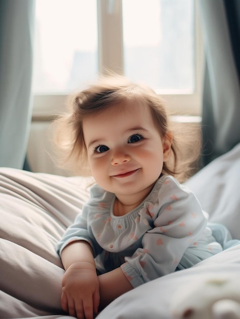 Foto de retrato de una niña suiza de pelo lacio sonriendo