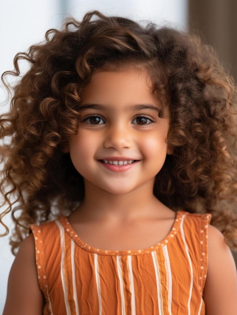 Foto de retrato de una niña suiza de pelo rizado sonriendo