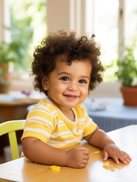 Foto de retrato de un niño alemán de pelo rizado masculino sonriendo