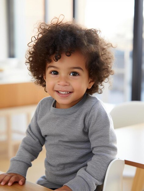 Foto de retrato de un niño argentino de pelo rizado masculino sonriendo