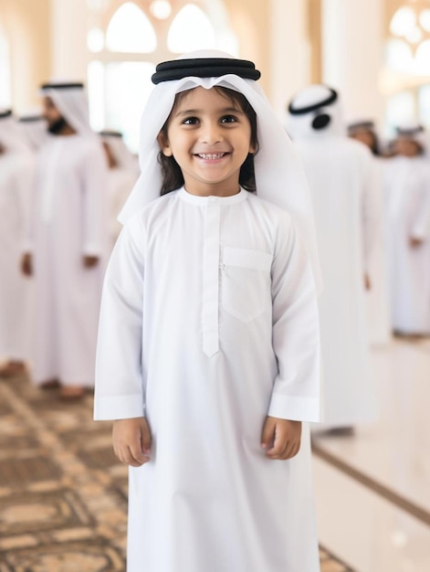 Foto de retrato de niño emiratí varón cabello lacio sonriendo