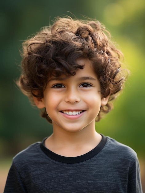 Foto de retrato de niño emiratí varón cabello ondulado sonriendo