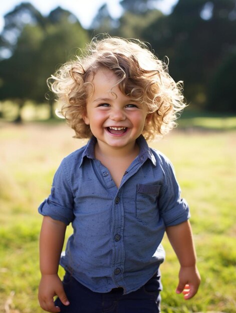 Foto de retrato de niño español macho cabello rizado sonriendo