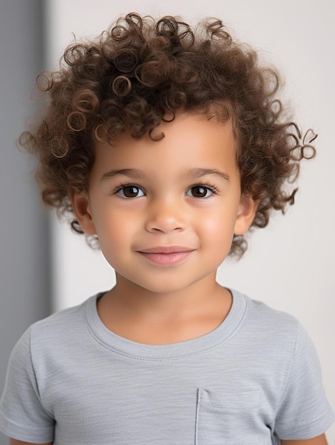 Foto de retrato de un niño japonés con el pelo rizado sonriendo