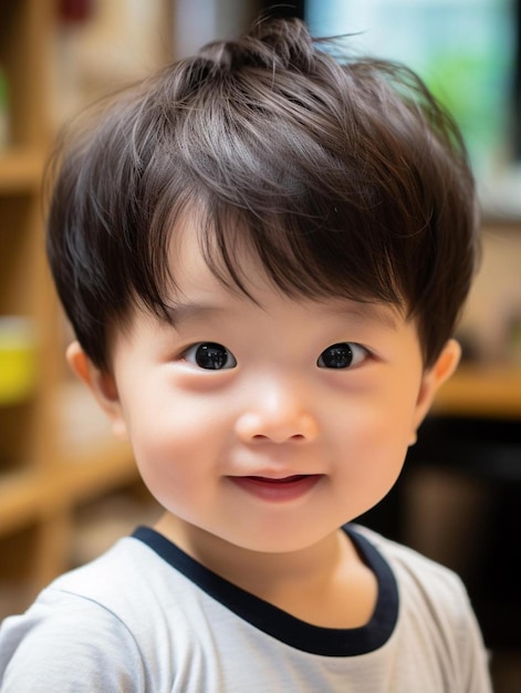 Foto de retrato de un niño pequeño singapurense de pelo liso sonriendo