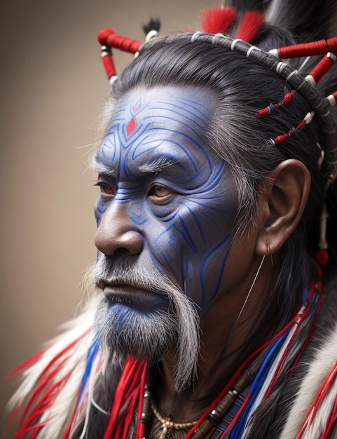 foto de retrato de una pantera tribal de jefe guerrero antiguo de asia maquillada azul en el perfil lateral rojo looki