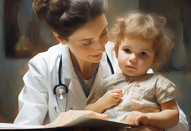 Foto foto retrato de pediatras con estetoscopio revisando al bebé y sosteniendo un oso de peluche