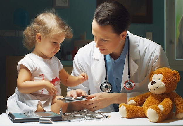 Foto foto retrato de pediatras con estetoscopio revisando al bebé y sosteniendo un oso de peluche