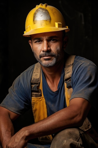 Foto de retrato de un trabajador en ropa de trabajo con casco de seguridad