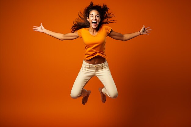 Foto retrato de vista completa del cuerpo de una chica de piel oscura celebrando con los puños levantados saltando aislada en