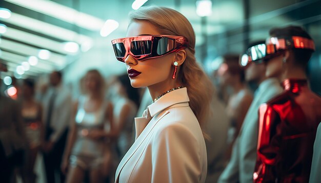 Foto retrofuturista de uma festa de moda futurista