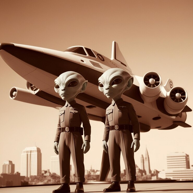 Una foto retrostile de un grupo de alienígenas con cabezas grandes y cuerpos pequeños