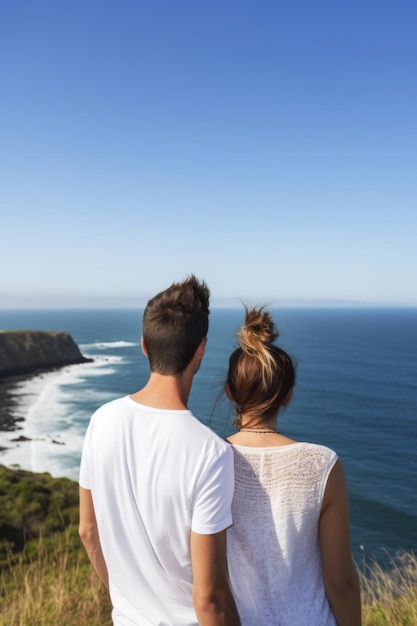 Foto retrovisor de una feliz pareja joven con vistas al océano