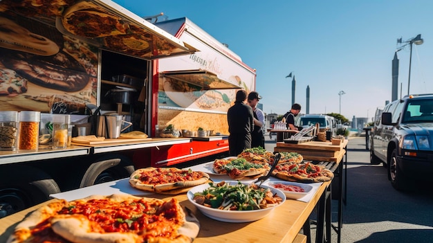 Una foto de una reunión de camiones de comida con pizzas gourmet y panes planos