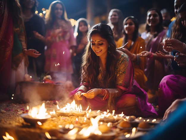 Foto de la reunión festiva de Lohri con un vibrante esquema de colores del concepto del Festival de India de Pink Lohri