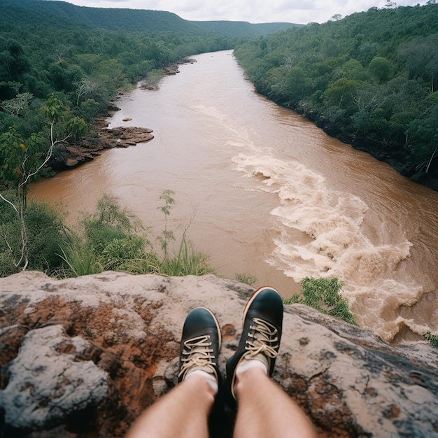 Foto del río en el desfiladero tomada desde un alto acantilado. La foto muestra las piernas del fotógrafo vistas desde arriba.