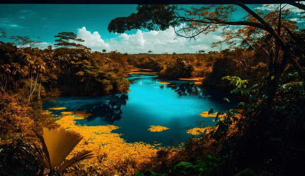 Foto una foto de un río con un lago azul y un letrero amarillo que dice 