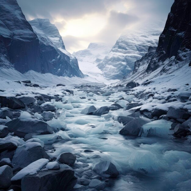 Foto de un río de montaña de hielo cristalino