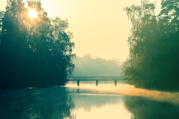 Foto de río, puente al amanecer.