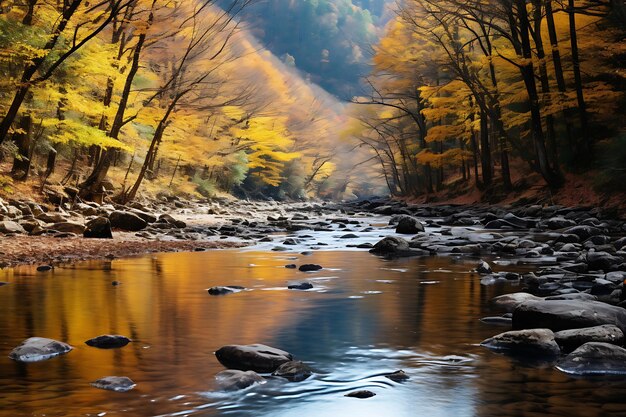 Foto del río Tranquil rodeado de follaje de otoño