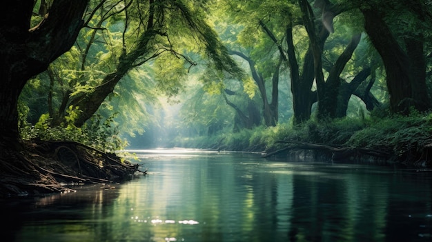 Una foto de un río tranquilo con árboles que sobresalen