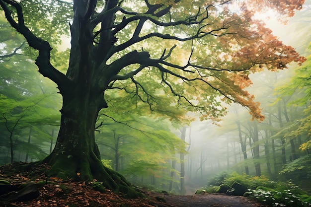 Foto de un roble en un bosque de niebla