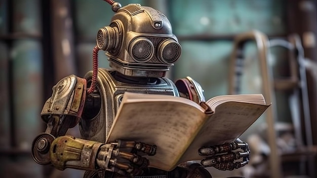 Foto de un robot leyendo un libro