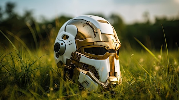 Foto-Roboterhelm isoliert weiß und goldfarben grünes Gras