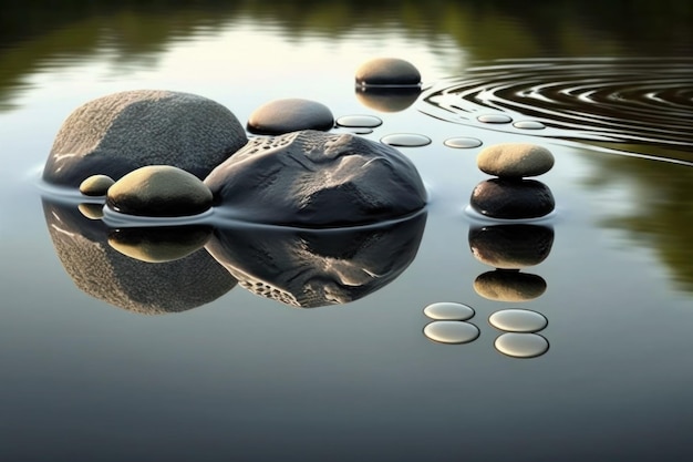 Una foto de rocas en un lago con ondas y la palabra agua en el fondo