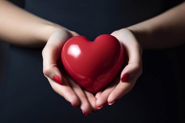 Foto de rojo claro y oscuro Corazón en la mano de la chica enfoque del corazón Día de San Valentín concepto generativo ai